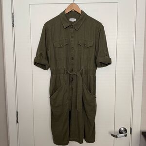 Calvin Klein Military Shirt Dress Sz 12 Olive Green Linen Utility Belted Safari